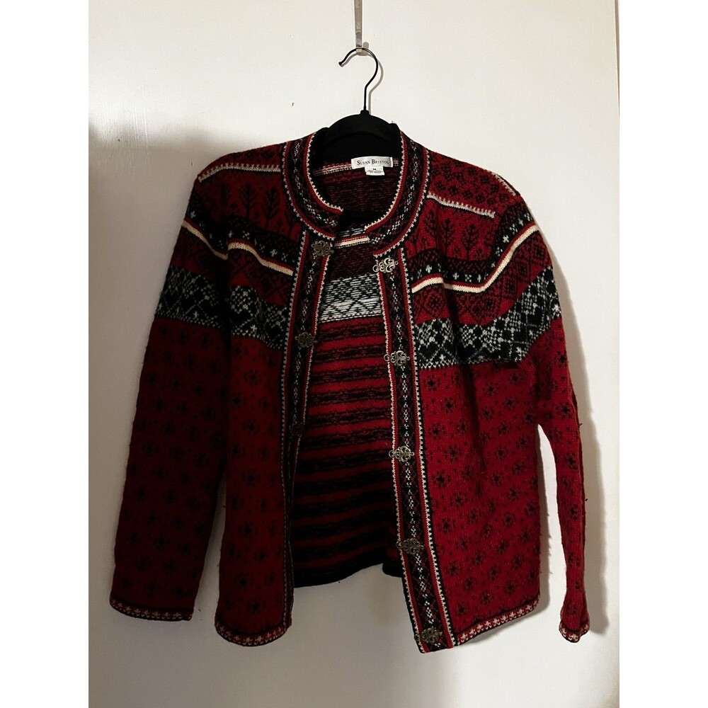 Vintage Susan Bristol 100% Wool Fair Isle Nordic Cardigan with Pewter Clasps